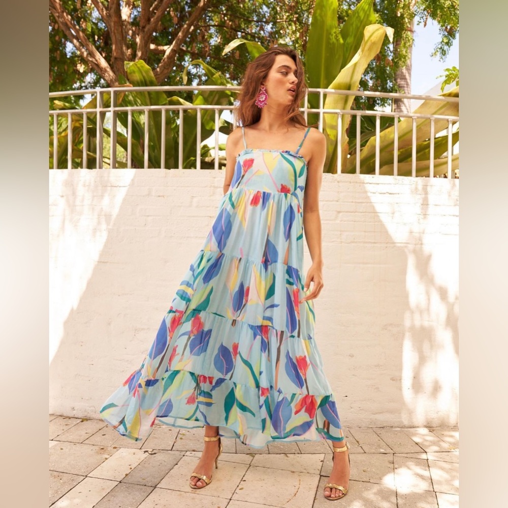 Oliphant Smocked Back Blue Botanica Maxi Dress; Size XS